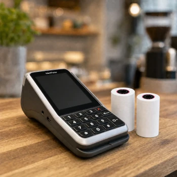 VeriFone V400m terminal with thermal paper rolls on boutique counter