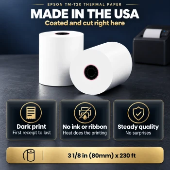 Epson TM-T20 thermal paper rolls made in the USA, 3 1/8 in (80mm) x 230 ft, beside an Epson TM-T20IV receipt printer