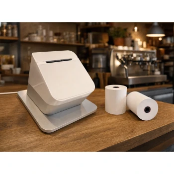 Clover Station thermal paper rolls on restaurant counter with printer