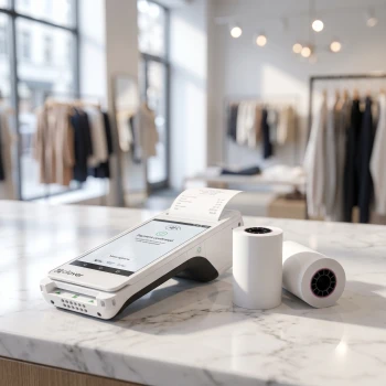 Clover Flex terminal with thermal paper rolls on retail counter