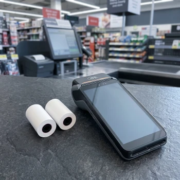Ingenico AXIUM DX8000 payment terminal with two 58mm thermal paper rolls on retail checkout counter