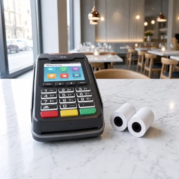 Ingenico Move 2600 terminal with thermal paper rolls on restaurant counter
