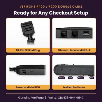 VeriFone P400 P200 dongle cable CBL435-044-01-C close-ups of the PIN pad plug, Ethernet, serial, USB, power and mini USB ports