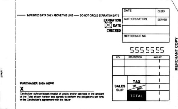 Manual Imprinter Sales Draft Slips (Short)