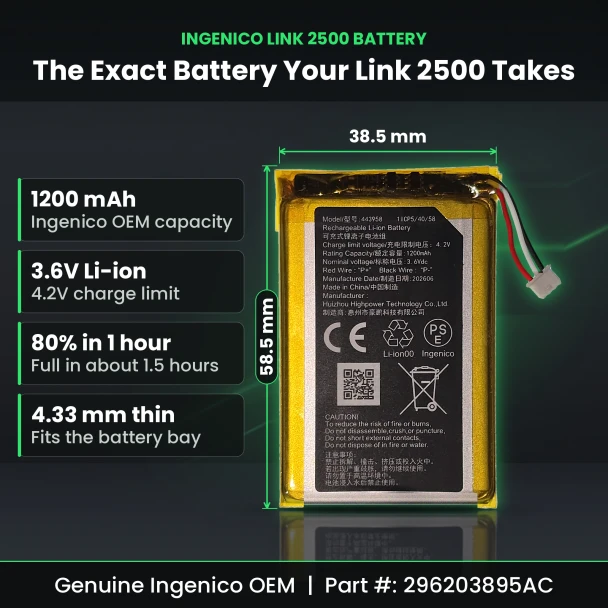 Ingenico Link 2500 battery dimensions 58.5 by 38.5 mm with 1200 mAh and 3.6V specs