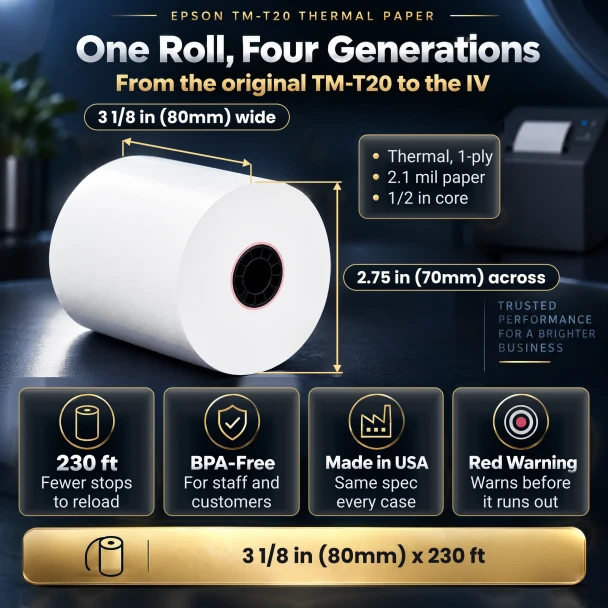 Epson TM-T20 thermal paper roll sizes, 3 1/8 in (80mm) wide and 2.75 in (70mm) across, 230 ft, fits TM-T20 to TM-T20IV