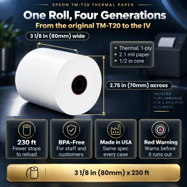 Epson TM-T20 thermal paper roll sizes, 3 1/8 in (80mm) wide and 2.75 in (70mm) across, 230 ft, fits TM-T20 to TM-T20IV