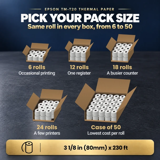 Epson TM-T20 thermal paper rolls 3 1/8 in (80mm) x 230 ft in packs of 6, 12, 18, 24 and 50 rolls