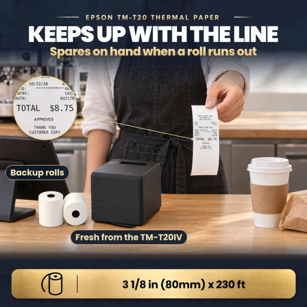 Barista hands a customer a receipt printed on Epson TM-T20 thermal paper, spare 3 1/8 in rolls on the cafe counter