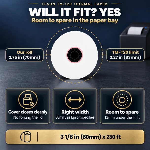 Epson TM-T20 thermal paper roll, 2.75 in (70mm) across, shown to scale inside the 83mm roll limit of the TM-T20 series