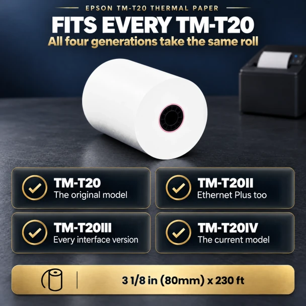 Epson TM-T20, TM-T20II, TM-T20III and TM-T20IV printers all take this 3 1/8 in (80mm) x 230 ft thermal paper roll