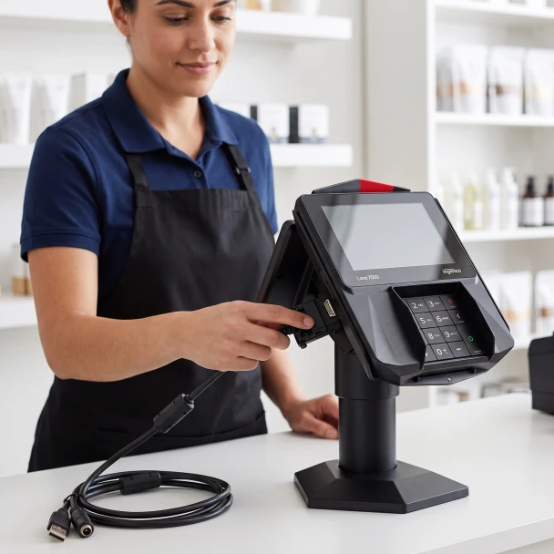 Cashier connecting powered USB cable to Ingenico Lane 7000 terminal