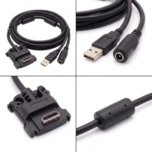 Four views of Ingenico Lane powered USB cable showing connector head USB power ends and ferrite choke