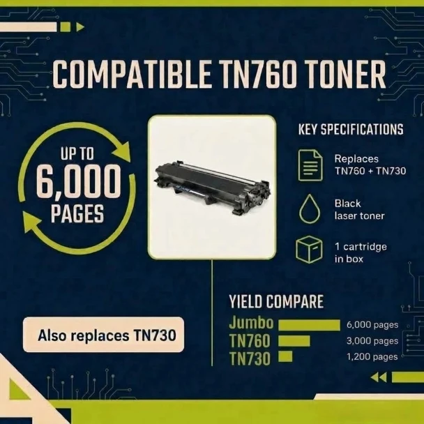 Compatible Brother TN760 toner specifications 6000 page yield replaces TN730 black laser toner