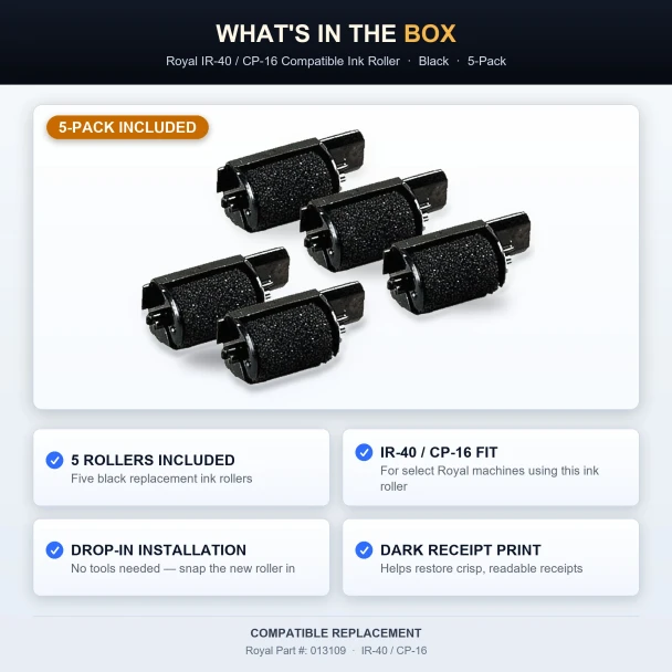 Whats in the box 5 black IR-40 CP-16 compatible ink rollers for Royal registers