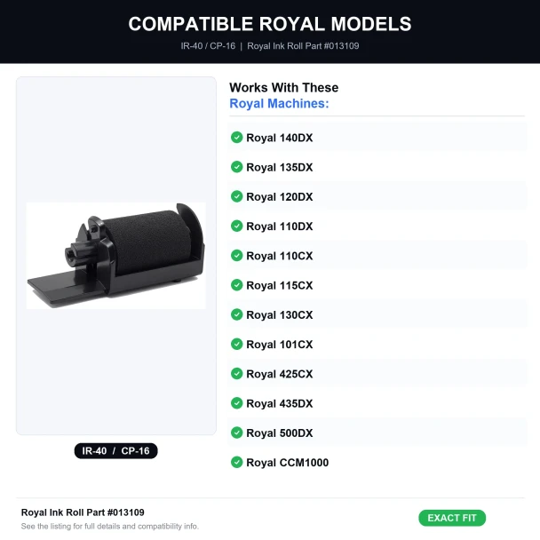 Compatible Royal register models list for IR-40 CP-16 ink roller part 013109