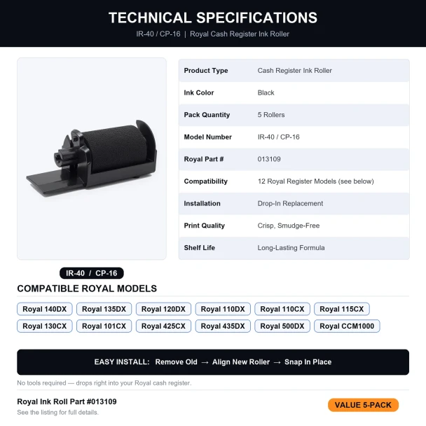 Technical specifications for Royal IR-40 CP-16 cash register ink roller 5 pack