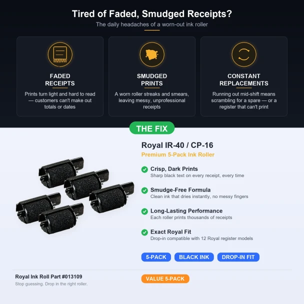 Worn ink roller problems faded smudged receipts fixed by IR-40 CP-16 5 pack