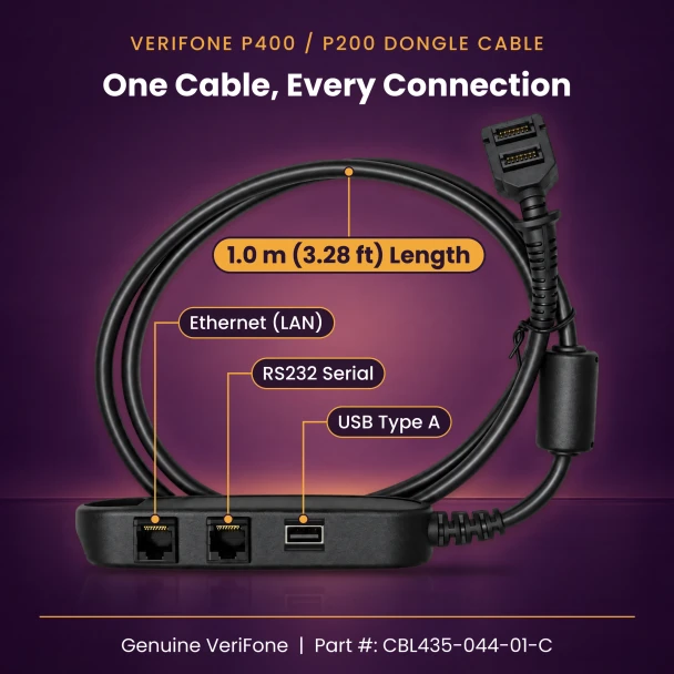 VeriFone P400 P200 dongle cable CBL435-044-01-C, 1 m 3.28 ft long, with Ethernet LAN, RS232 serial and USB Type A ports