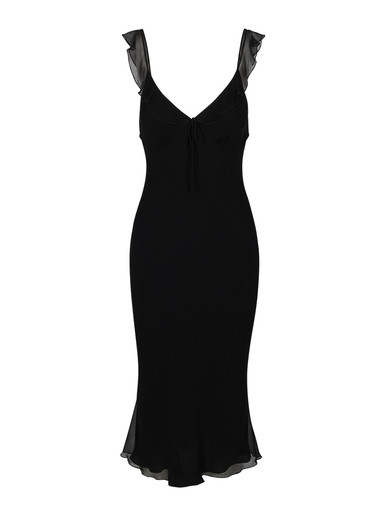 Gemma Black | Black silk frill midi dress | Réalisation UK