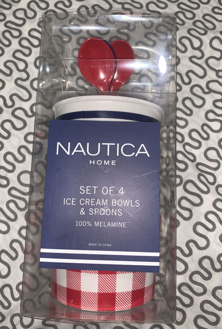 Nautica Ice Cream Bowls & Spoon Set of 4 Red White Blue 4" Melamine