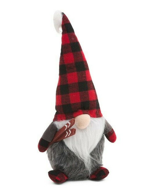 BALSAM AND FIR 14" Plaid Gnome Carrying Skis Holiday theme faux fur detail
