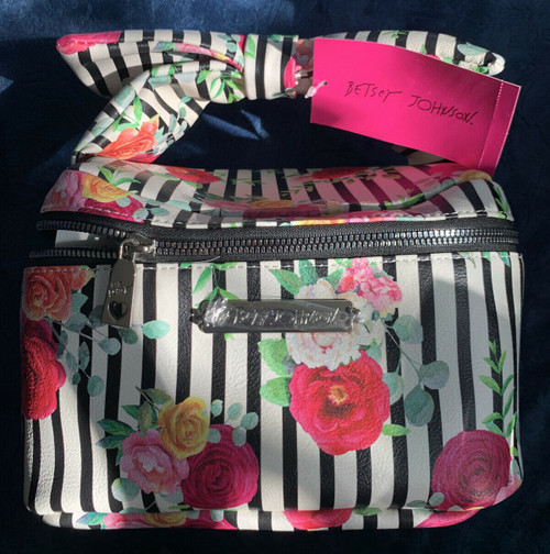 Betsey Johnson Train Case Bow White Floral Makeup Bag