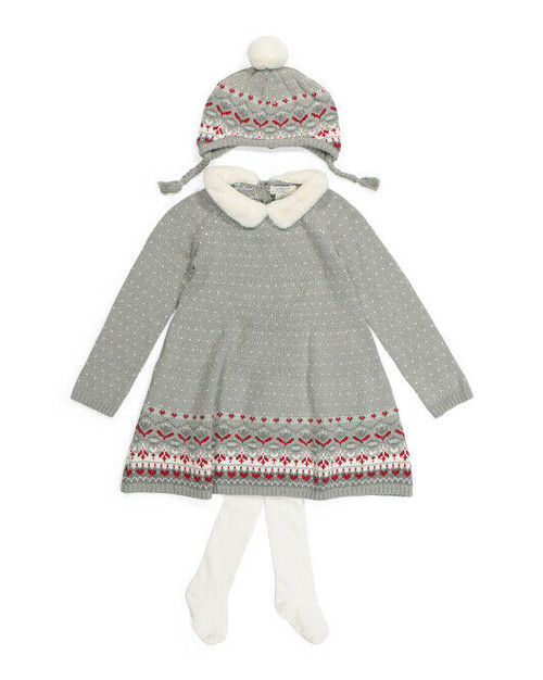 ASPEN Toddler Girls Faux Fur Collar Sweater Dress With Tights & Hat 3T