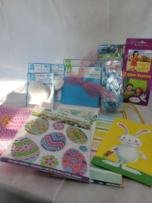 Easter Decorations Bags Bunny Tail Clip Basket Bow Bible Story lot of 13 items