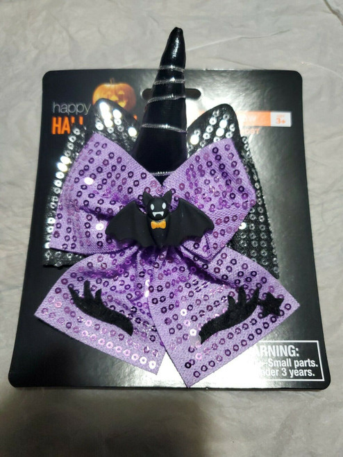 Girls Halloween Unicorn w/ Eyelashes Hair Bow Black and Purple w Bat