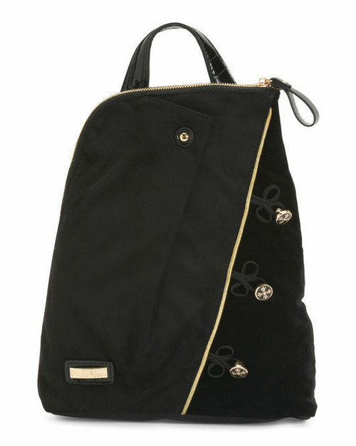 PAULA VERA Spain Velvet Backpack brand name patch button accents 10in W x 12in H