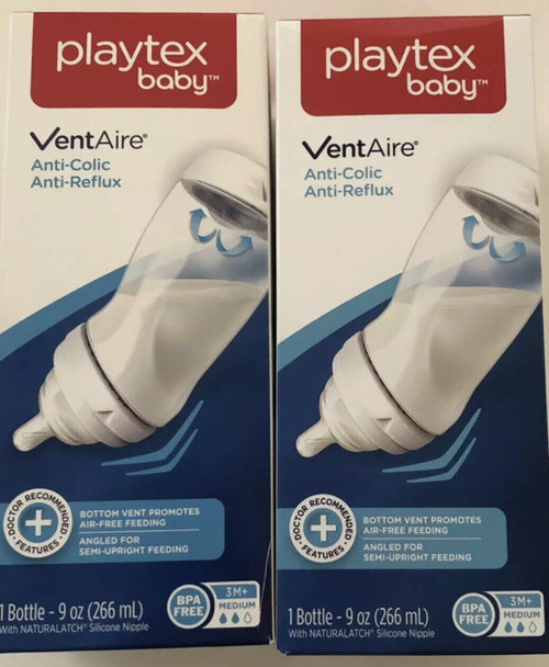 2 Playtex Baby VentAire Baby Bottles Anti-Colic Anti-Reflex BPA Free 9oz 3 Mon+