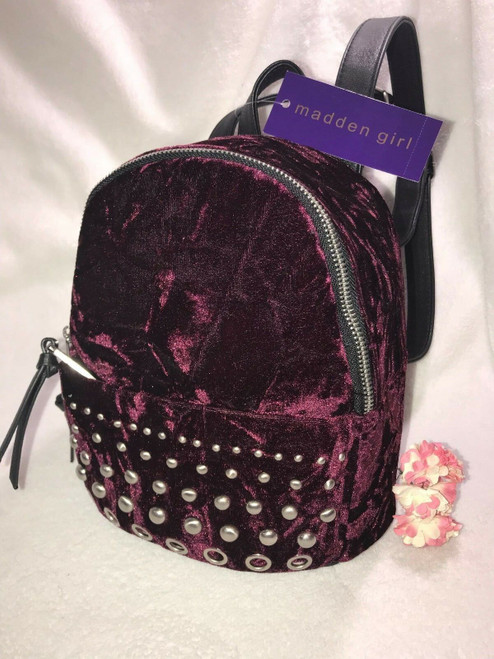 Madden Girl Burgundy Velvet Backpack with silver studs