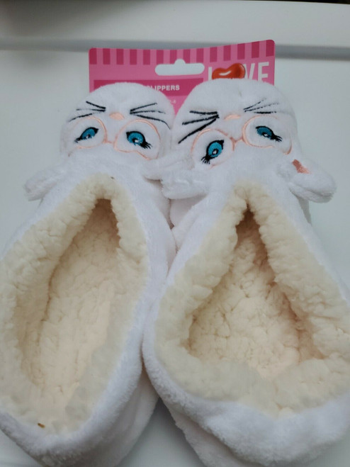 Love In the Air Women Indoor White Plush Kitty Cat Slippers Size 7-8
