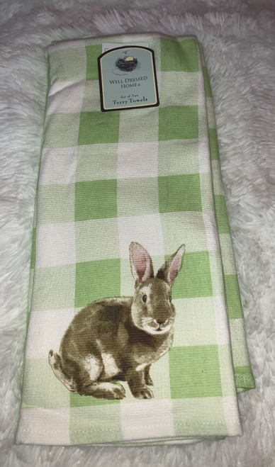 (2) Well Dressed Home Bunny Rabbit Green Gingham Kitchen Dish Towel Farmhouse