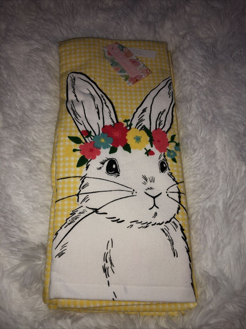 Spring Gatherings Set Of 2 Kitchen Towels Yellow Gray Bunny Bird Floral Easter