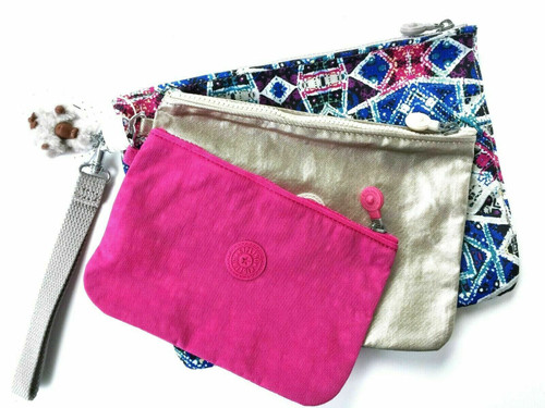 3 pcs set Kipling Laka Nylon Large Wristlet Cosmetic Pouch Metallic BERRY COMBO