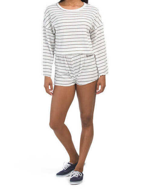 POOF Juniors 2pc Thermal Stripe Short Set M Egg White