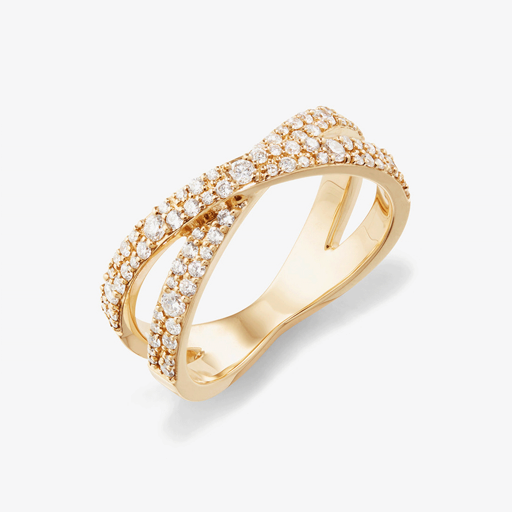 14K yellow gold cluster diamond criss cross ring