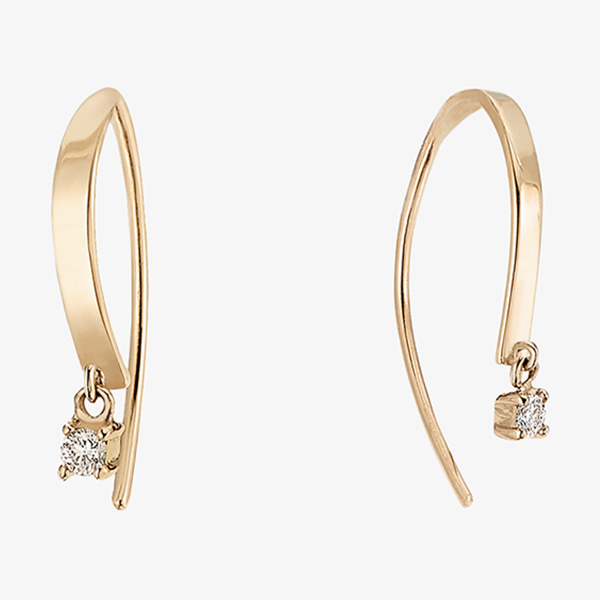 14K yellow gold mini flat hooked on hoops with dangle diamonds