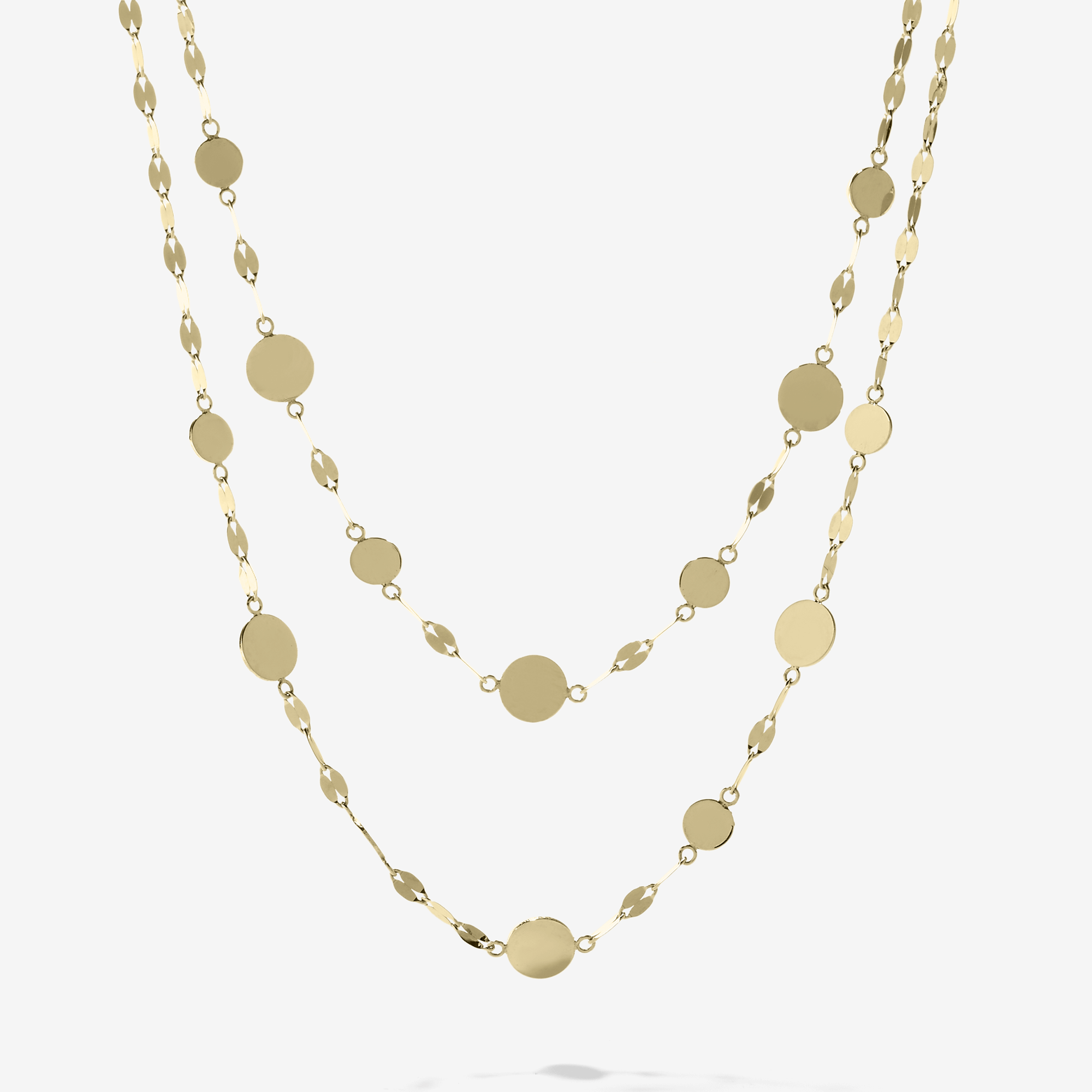 14K yellow gold double strand gypsy disc necklace