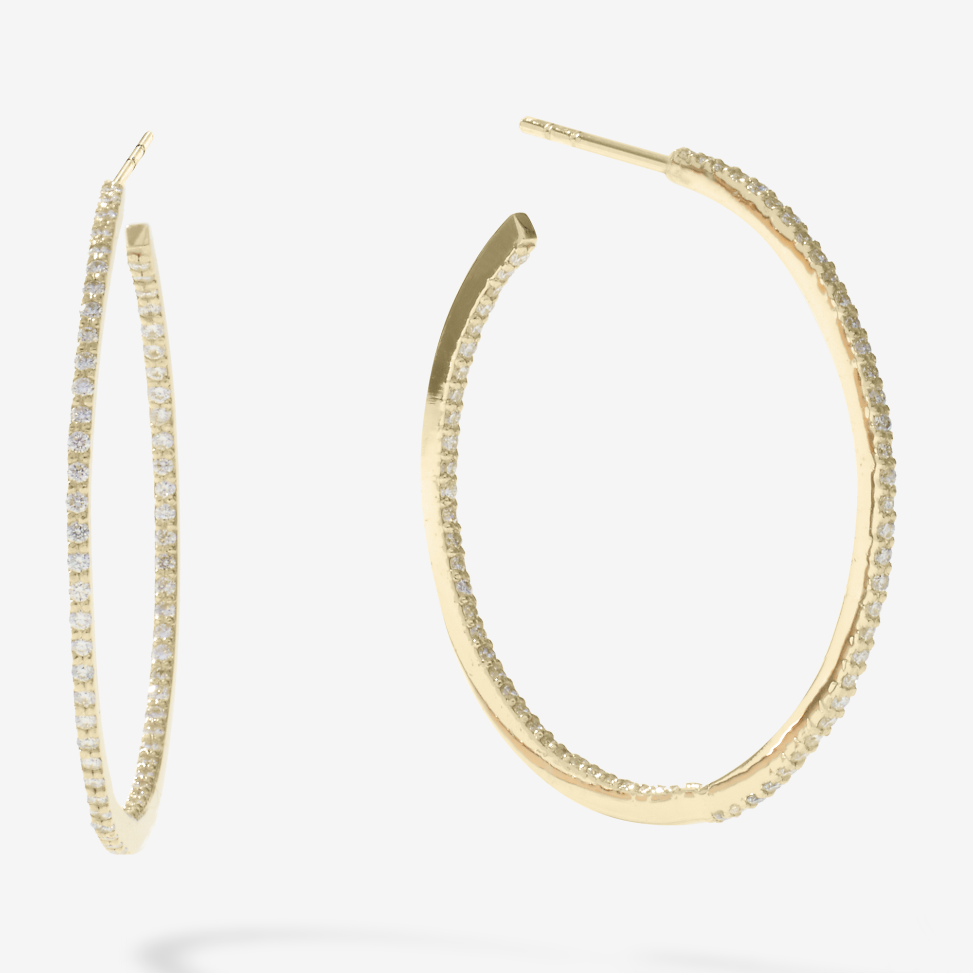 14K yellow gold thin inside out diamond hoops