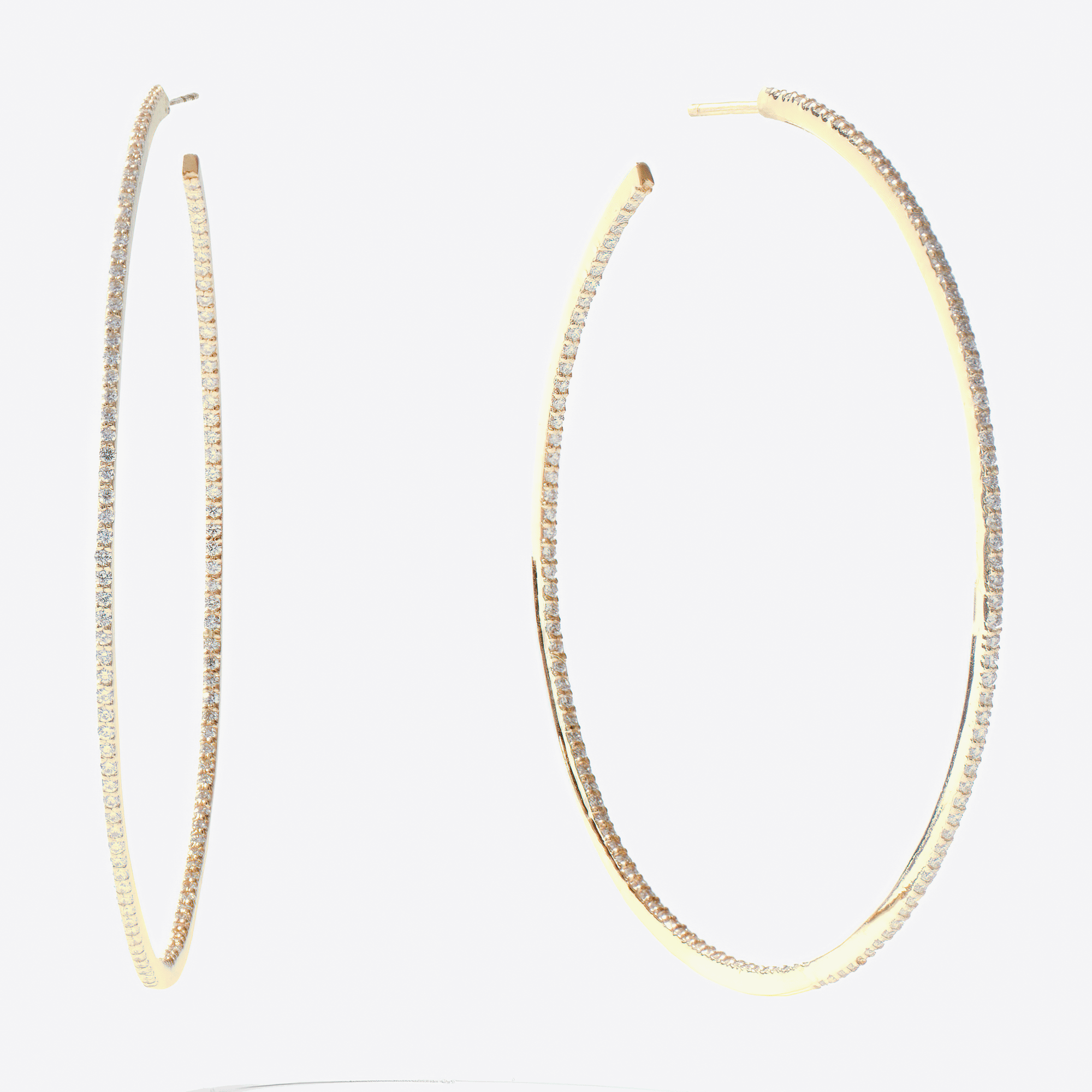14K yellow gold large thin inside out diamond hoops