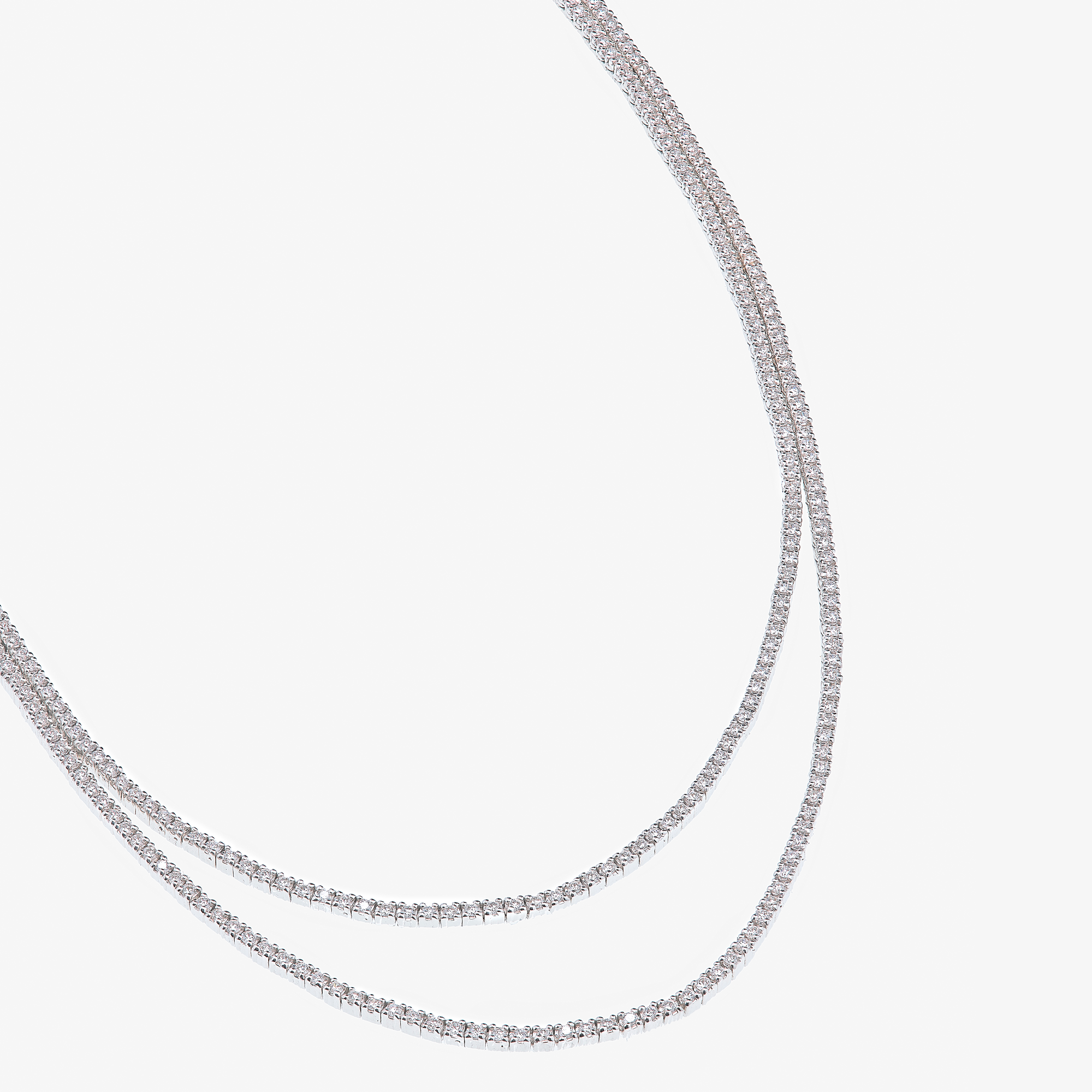 14K white gold thin double strand diamond tennis choker necklace