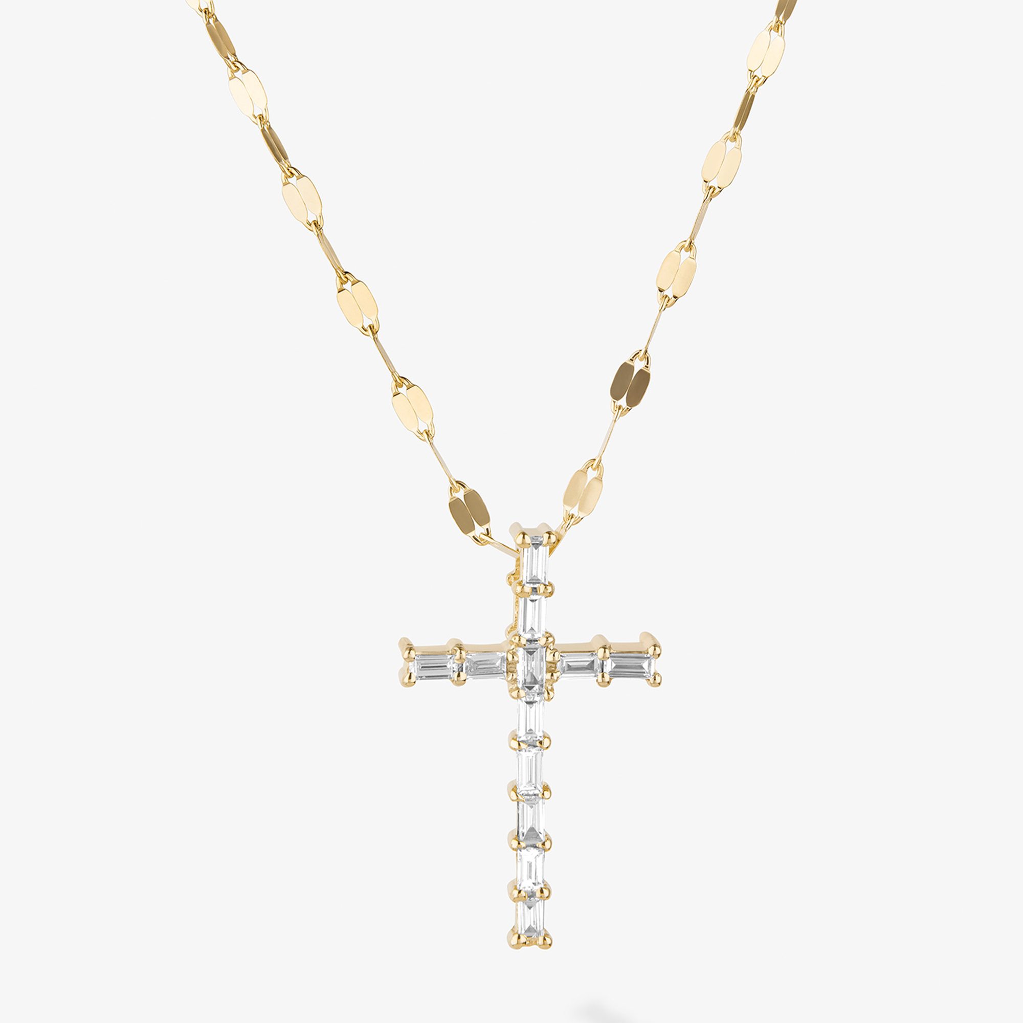 14K yellow gold baguette diamond everyday cross pendant necklace