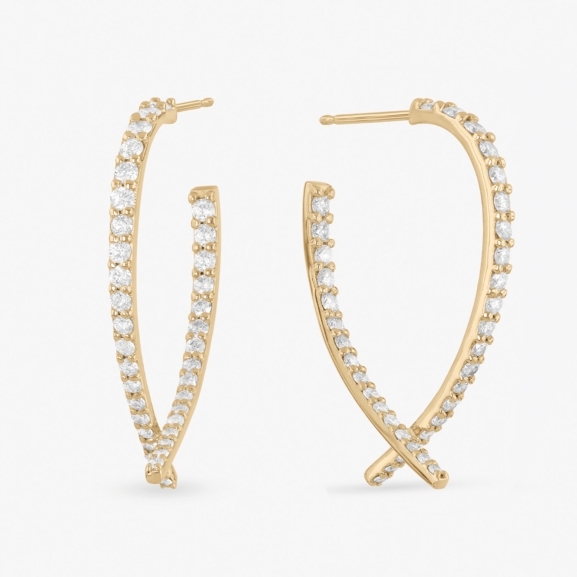 14K yellow gold upside down hoops small diamond front to back