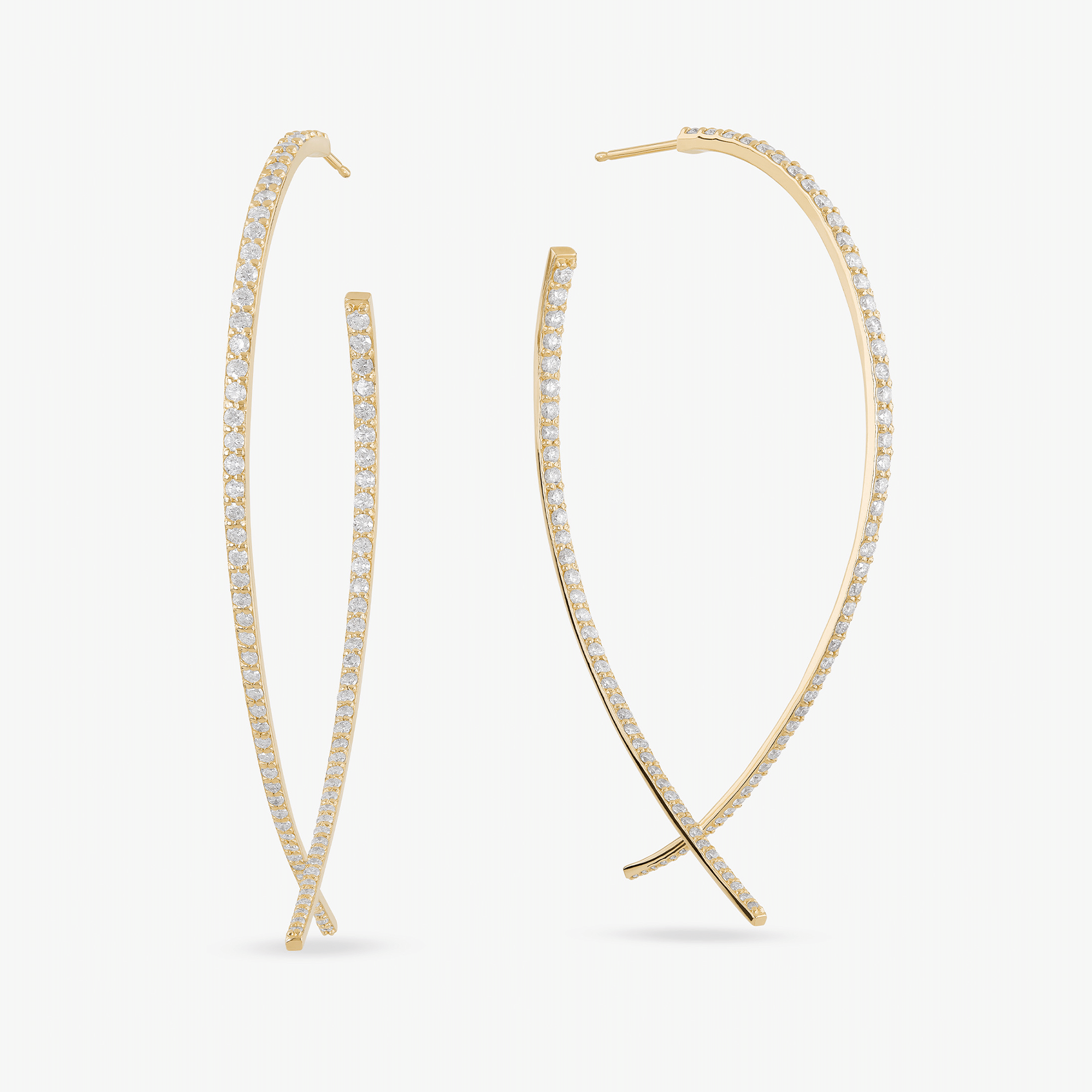 14K yellow gold upside down hoops large diamond front to back