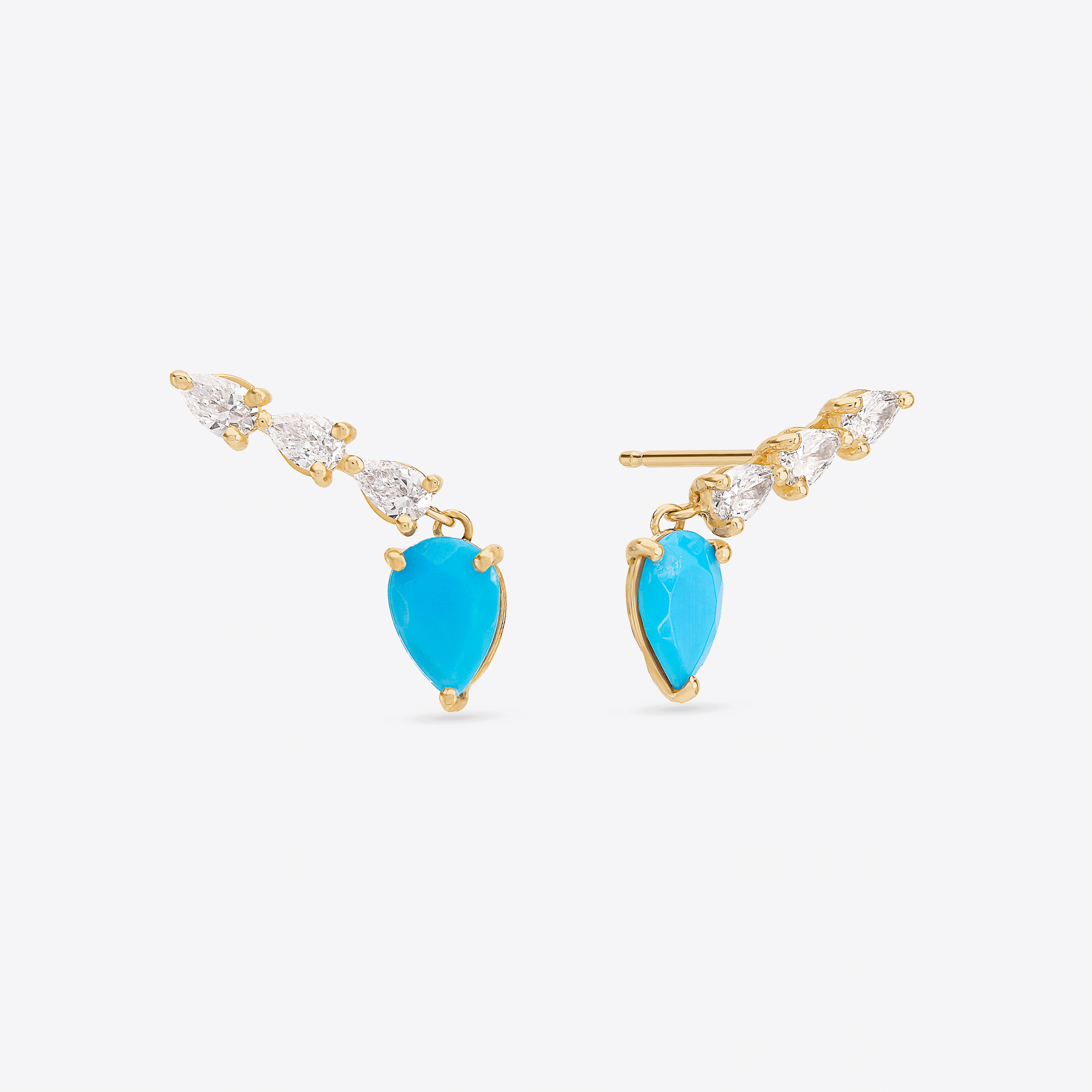 14K yellow gold turquoise & pear diamond ear crawlers