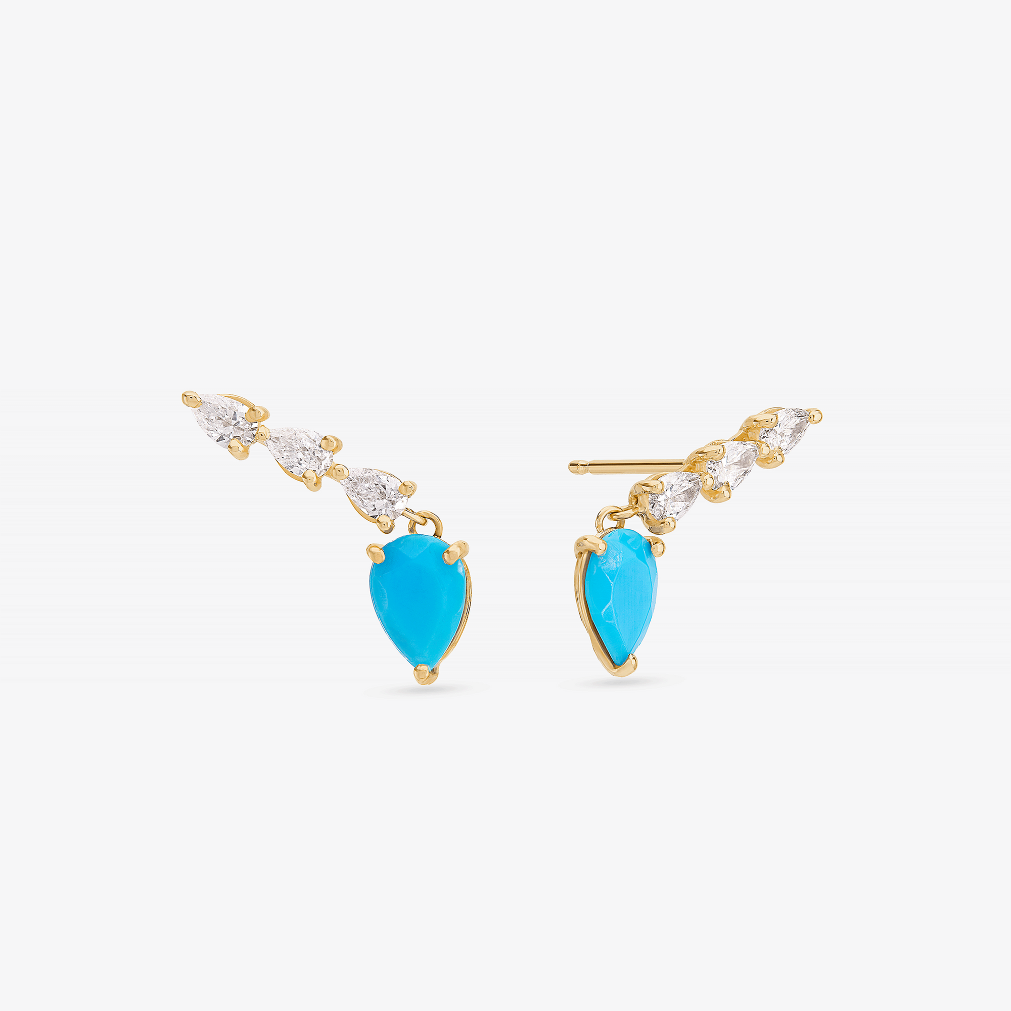 14K yellow gold turquoise & pear diamond ear crawlers