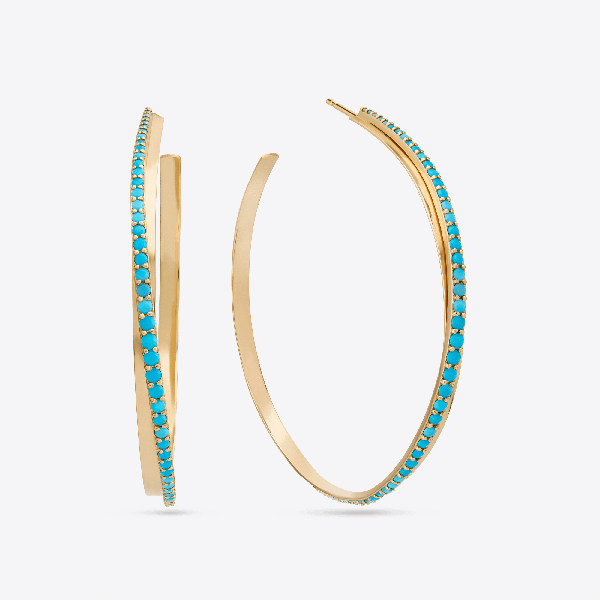 14K yellow gold large turquoise crossover hoops